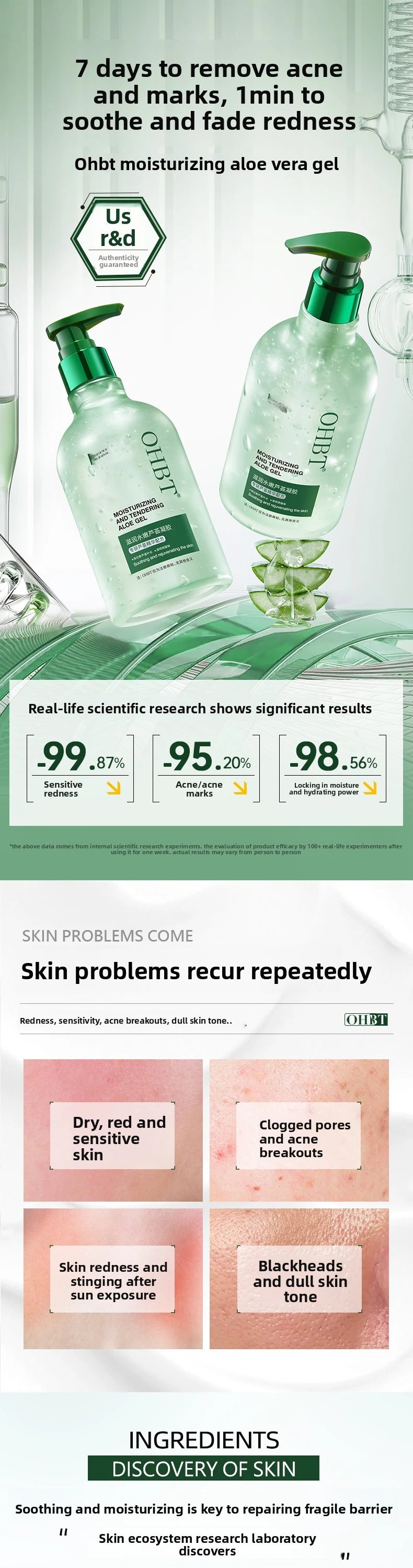 OHBT 300g  Aloe Vera Gel Creams Moisturizing Brightening Nourishing Firming Hydrating Face Cream Facial Skin Care Products