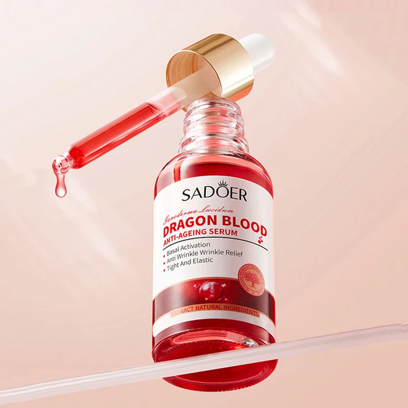 Facial serum bottle with ganoderma and dragon blood essence for moisturizing and oil control.