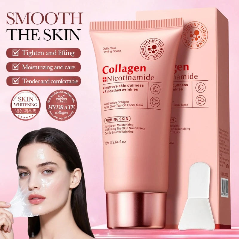 Peel-off facial mask with nicotinamide and collagen for anti-wrinkle, lifting, firming, hydrating, and brightening care.