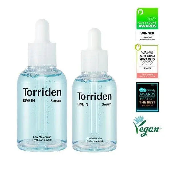 Two hyaluronic acid serum bottles for deep hydration and plumping skincare set