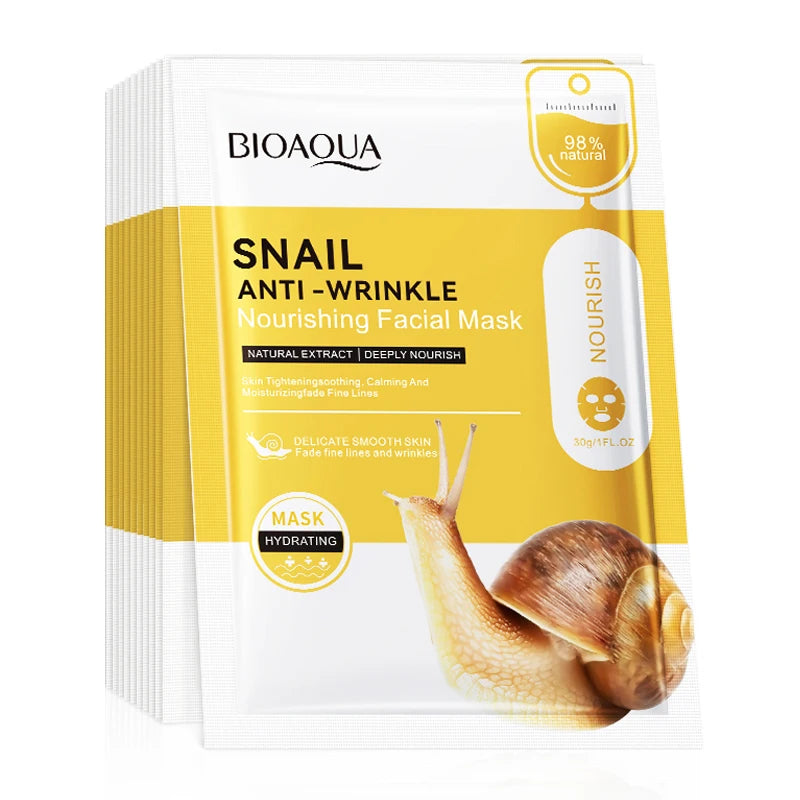 Pack of 10 hydrating snail mucin sheet masks for brightening and moisturizing skin