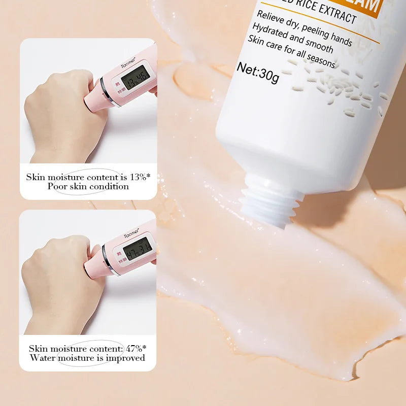 White rice hand cream tube for moisturizing and nourishing hands