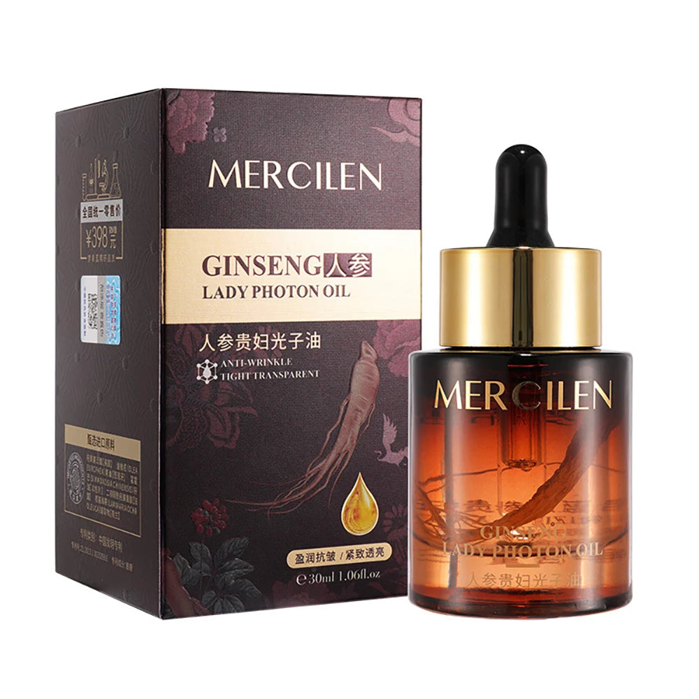 MERCILEN — Ginseng Photon Essence Oil Face Serum — Gold dropper bottle on white background