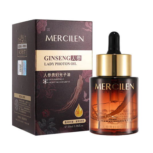 MERCILEN — Ginseng Photon Essence Oil Face Serum — Gold dropper bottle on white background