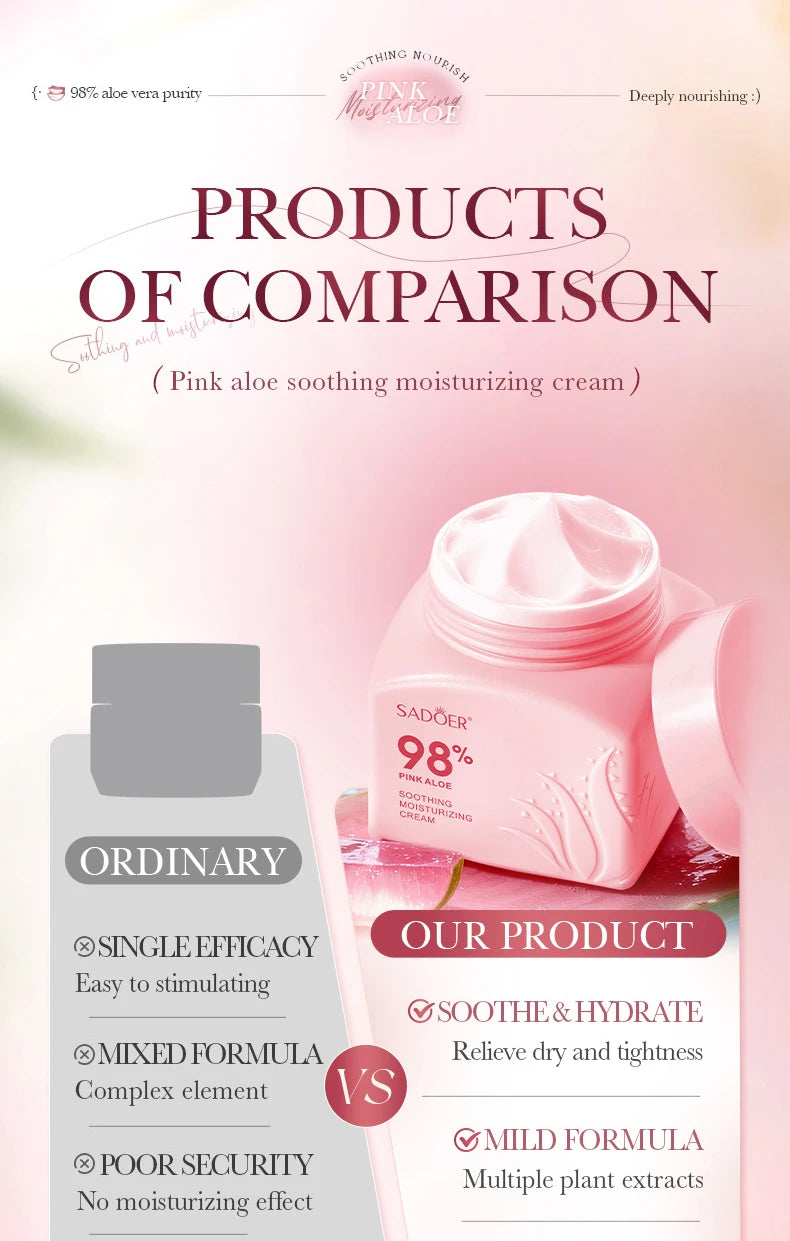 SADOER Pink Aloe Vera Moisturizing Face Cream Whitening Anti-Aging Anti Acne Facial Cream for Face Skin Care Products