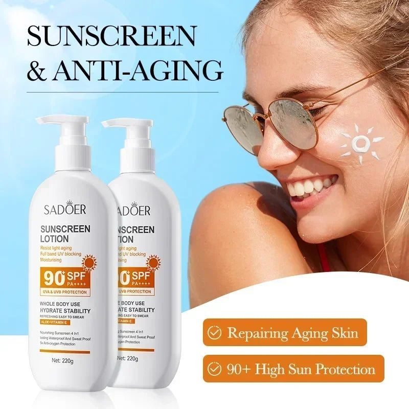 Sunscreen tube with SPF90 UV protection and moisturising formula
