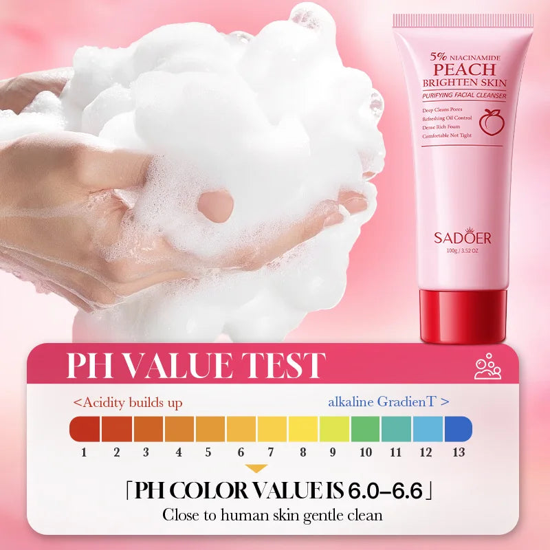 SADOER Niacinamide Honey Peach Facial Cleanser Moisturizing Whitening Deep Cleansing Anti-aigng Face Wash Foam Facial Cleanser