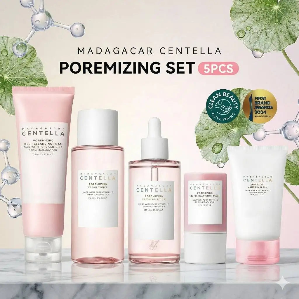Korean skincare set with toner, ampoule, gel cream, and face wash for pore care