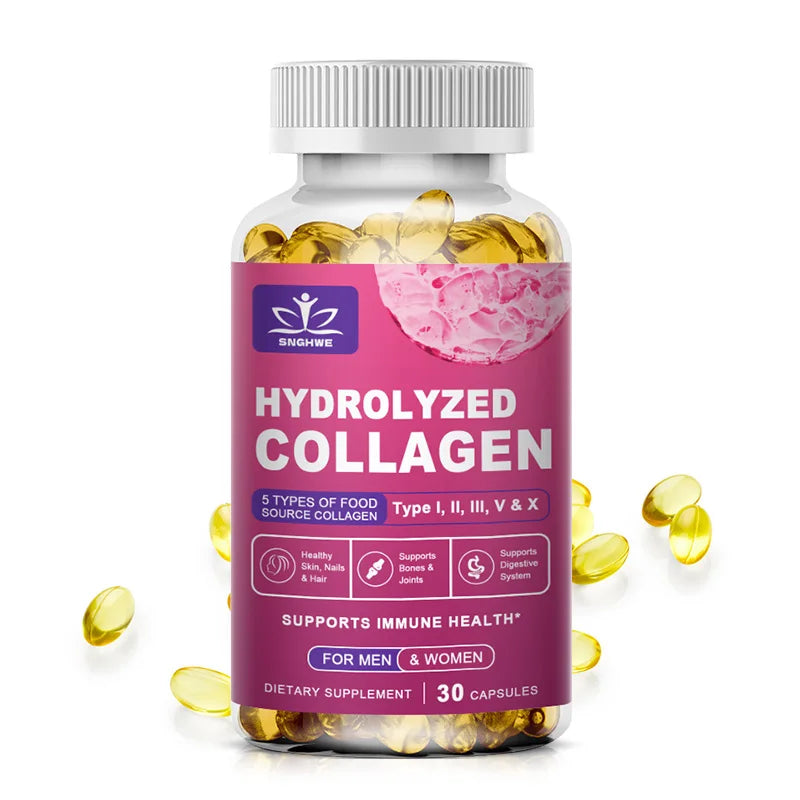 SkinSwaag Beauty SNGHWE Hydrolyzed Collagen Capsules — hydrolyzed collagen + hyaluronic acid — product on white background