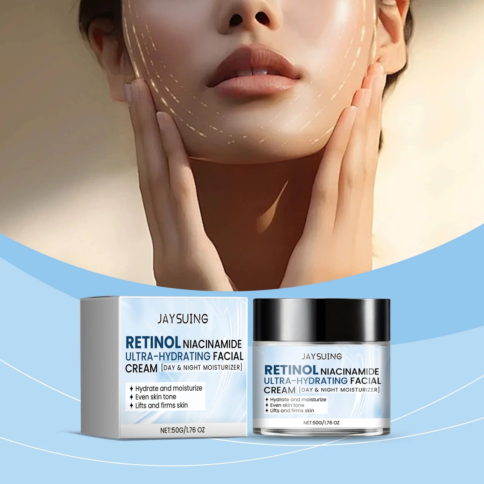 Facial barrier cream jar with niacinamide, hyaluronic acid, and retinol for skin repair.