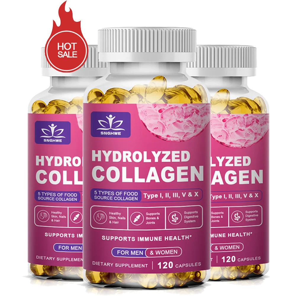 SkinSwaag Beauty SNGHWE Hydrolyzed Collagen Capsules — hydrolyzed collagen + hyaluronic acid — bottle back view on white background