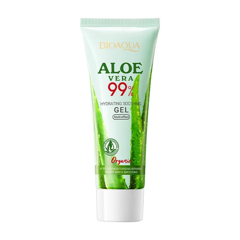 Aloe vera hydrating gel tube with fresh aloe leaf, showing clear gel texture