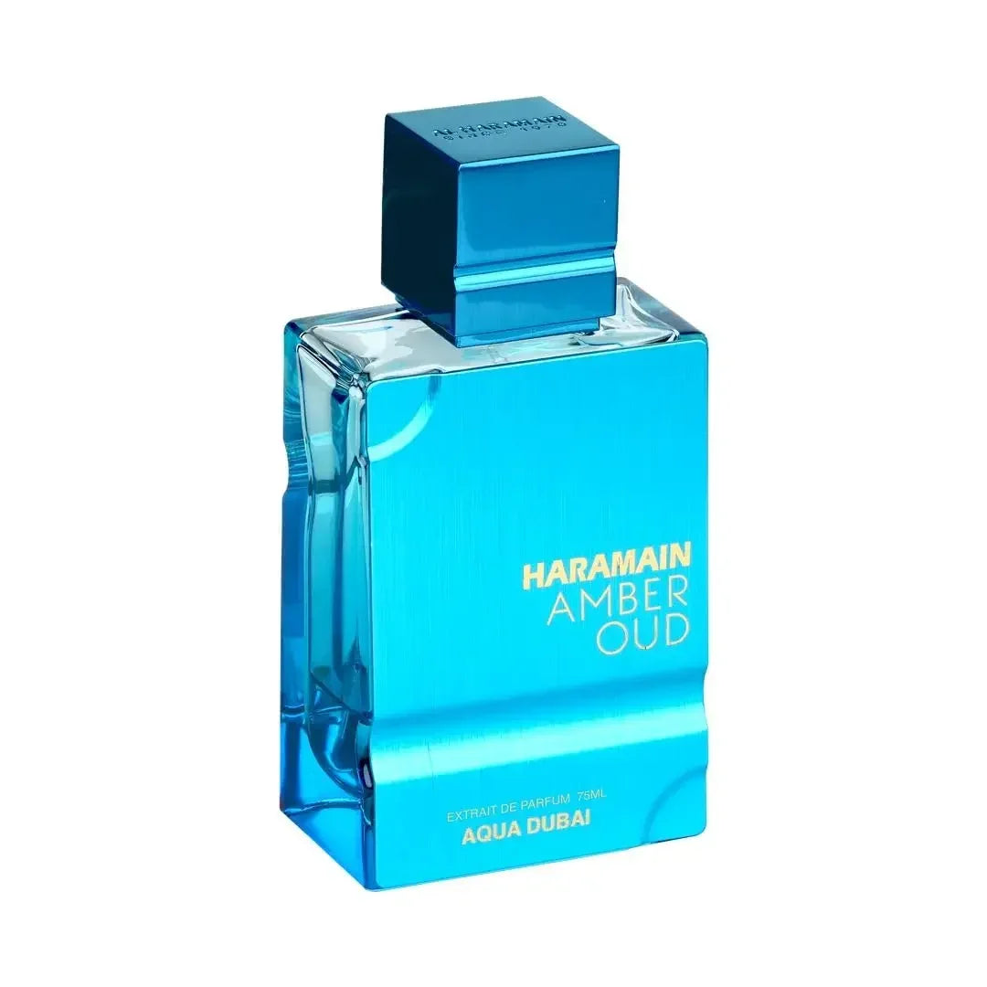 HARAMMAN Amber Oud Aqua Extrait — amber + oud + aquatic — bottle on dark surface