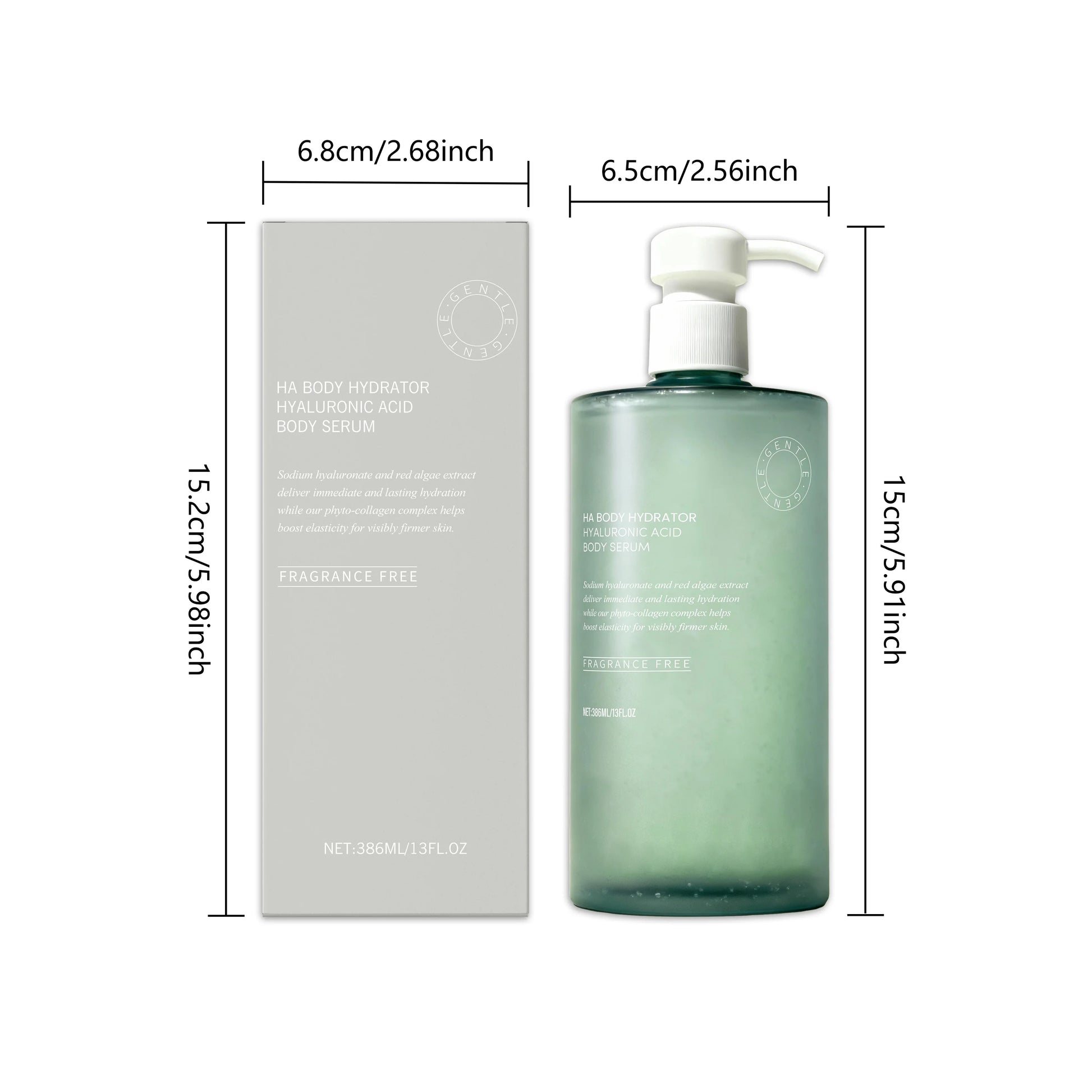 Hyaluronic acid body serum bottle with deep hydrating lotion texture