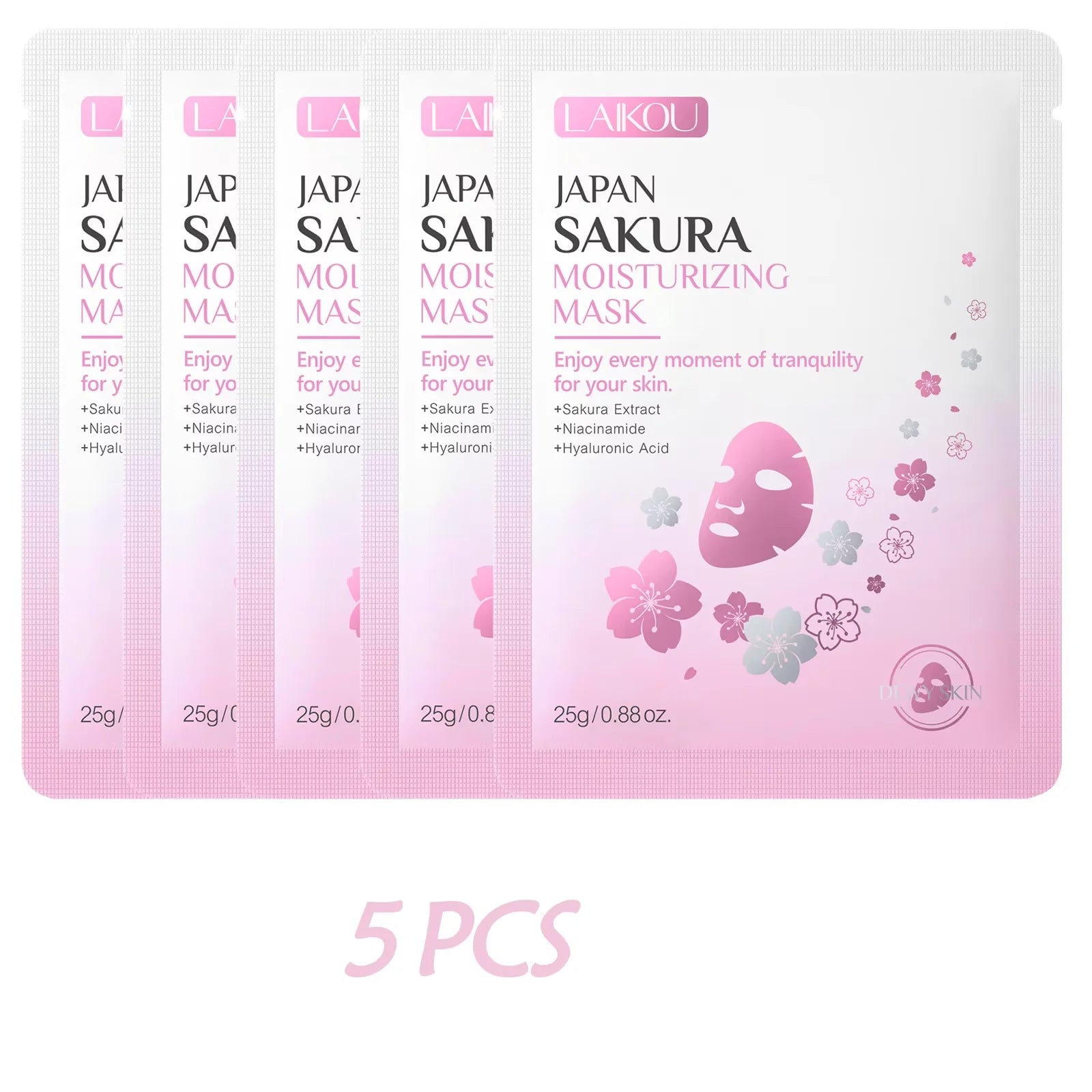 Single-use hydrating brightening sheet mask sachet with sakura cherry blossom and water droplets design.