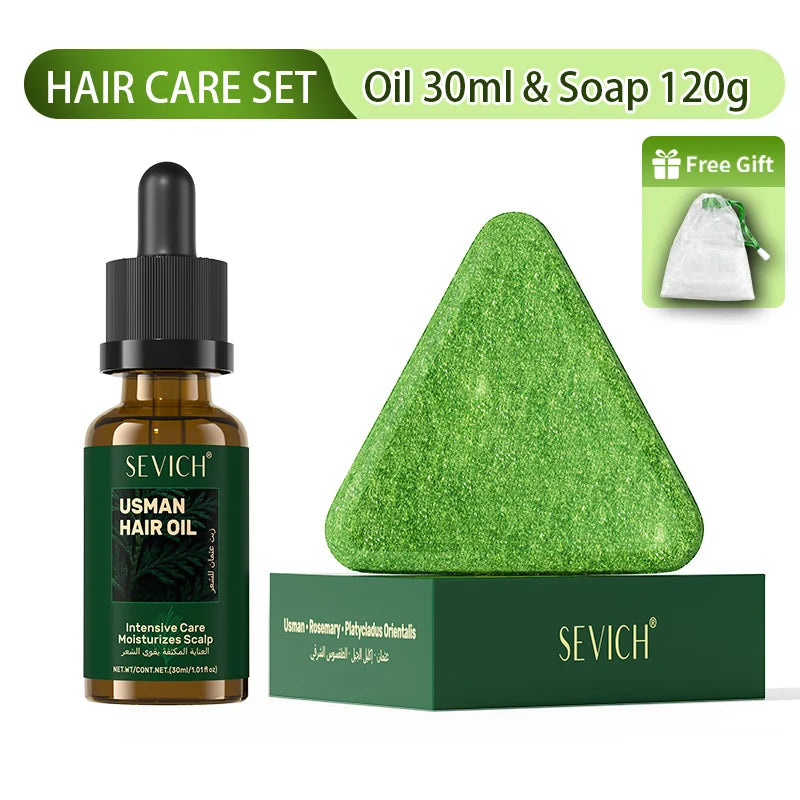 Hair growth serum set with essential oil, regrowth shampoo soap, thickening oil spray for men and women.