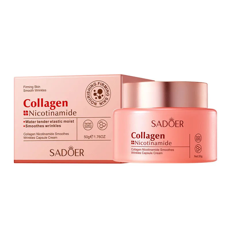 SADOER — Collagen Niacinamide Hydrating Firming Face Cream — White and pink jar on white background