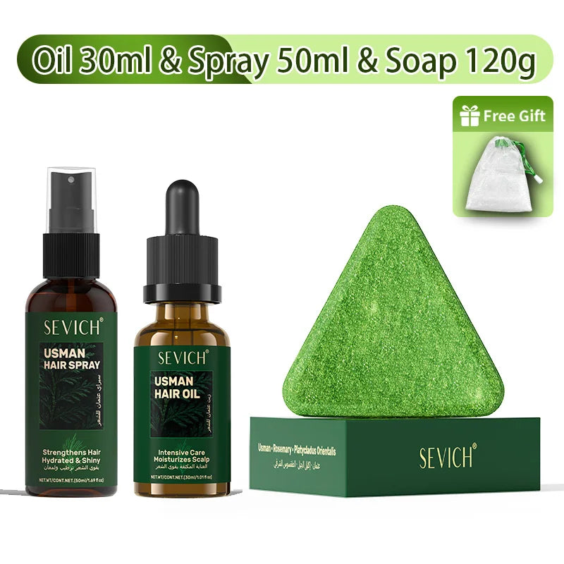 Hair growth serum set with essential oil, regrowth shampoo soap, thickening oil spray for men and women.