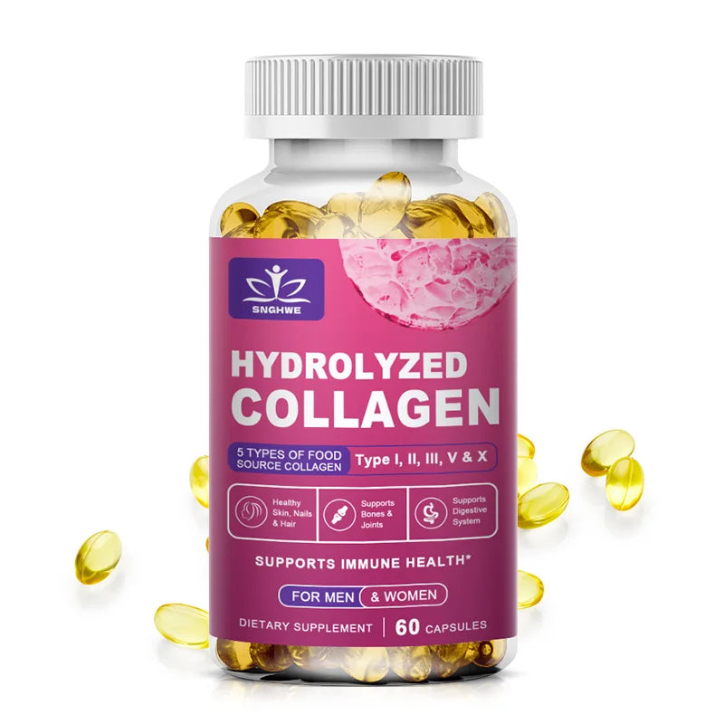 SkinSwaag Beauty SNGHWE Hydrolyzed Collagen Capsules — hydrolyzed collagen + hyaluronic acid — bottle and box side by side on white background