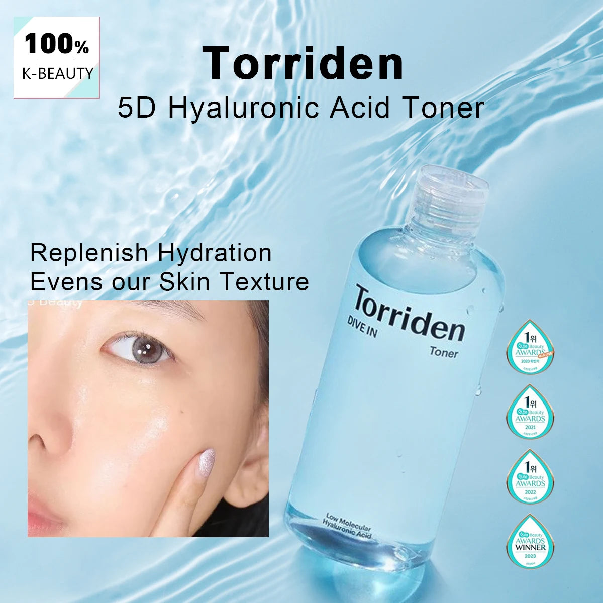 Hydrating low molecular hyaluronic acid toner in 300ml bottle