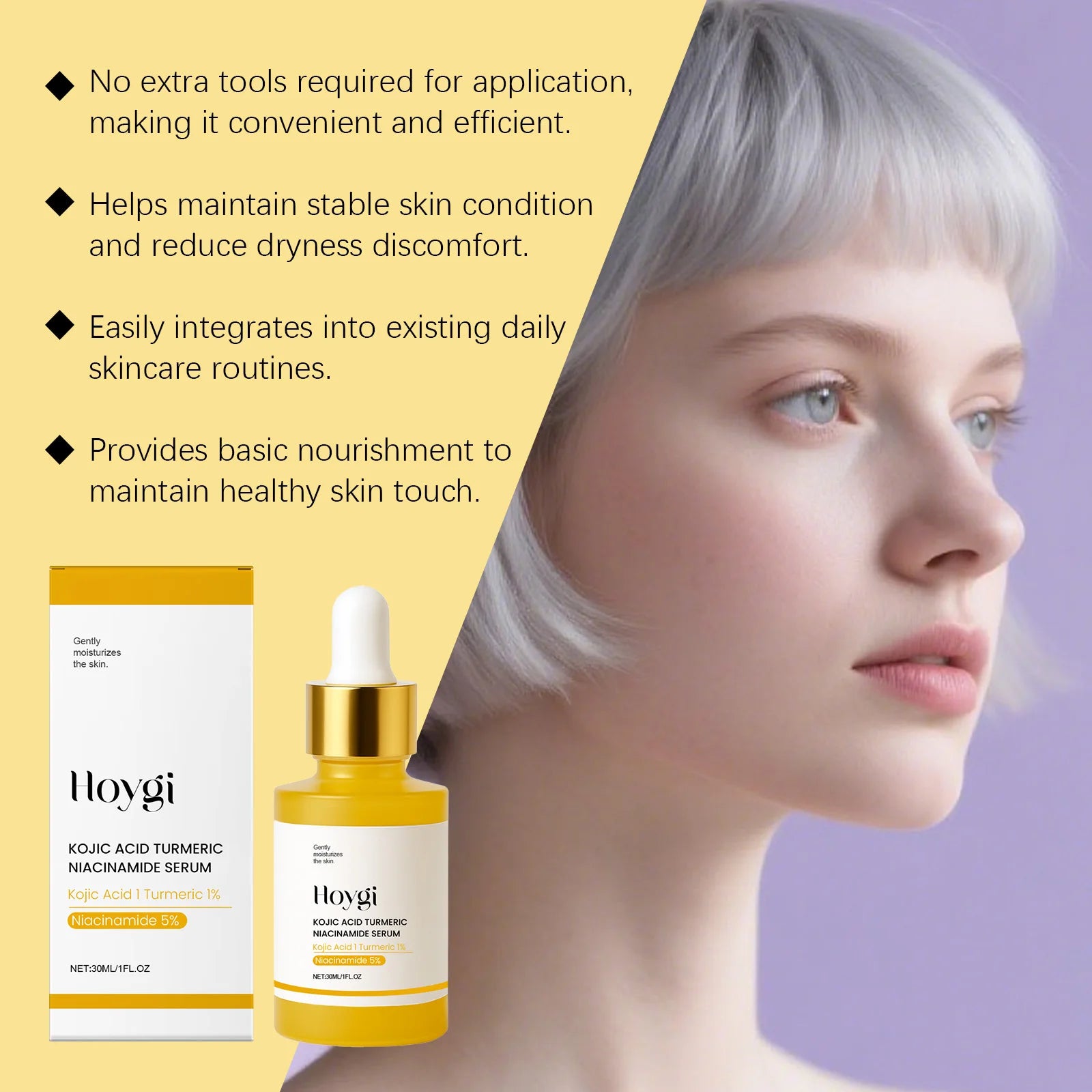 Hoygi Kojic Turmeric Brightening Facial Essence — Kojic Turmeric — Kojic acid and turmeric key ingredient illustration