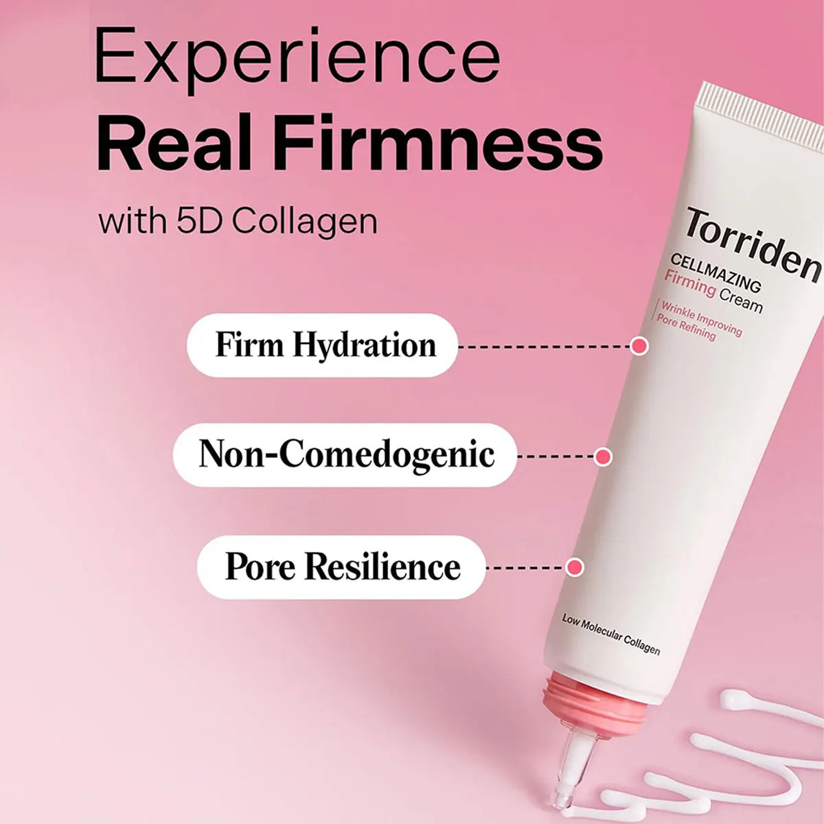 Jar of low molecular collagen firming cream with lifting and plumping benefits