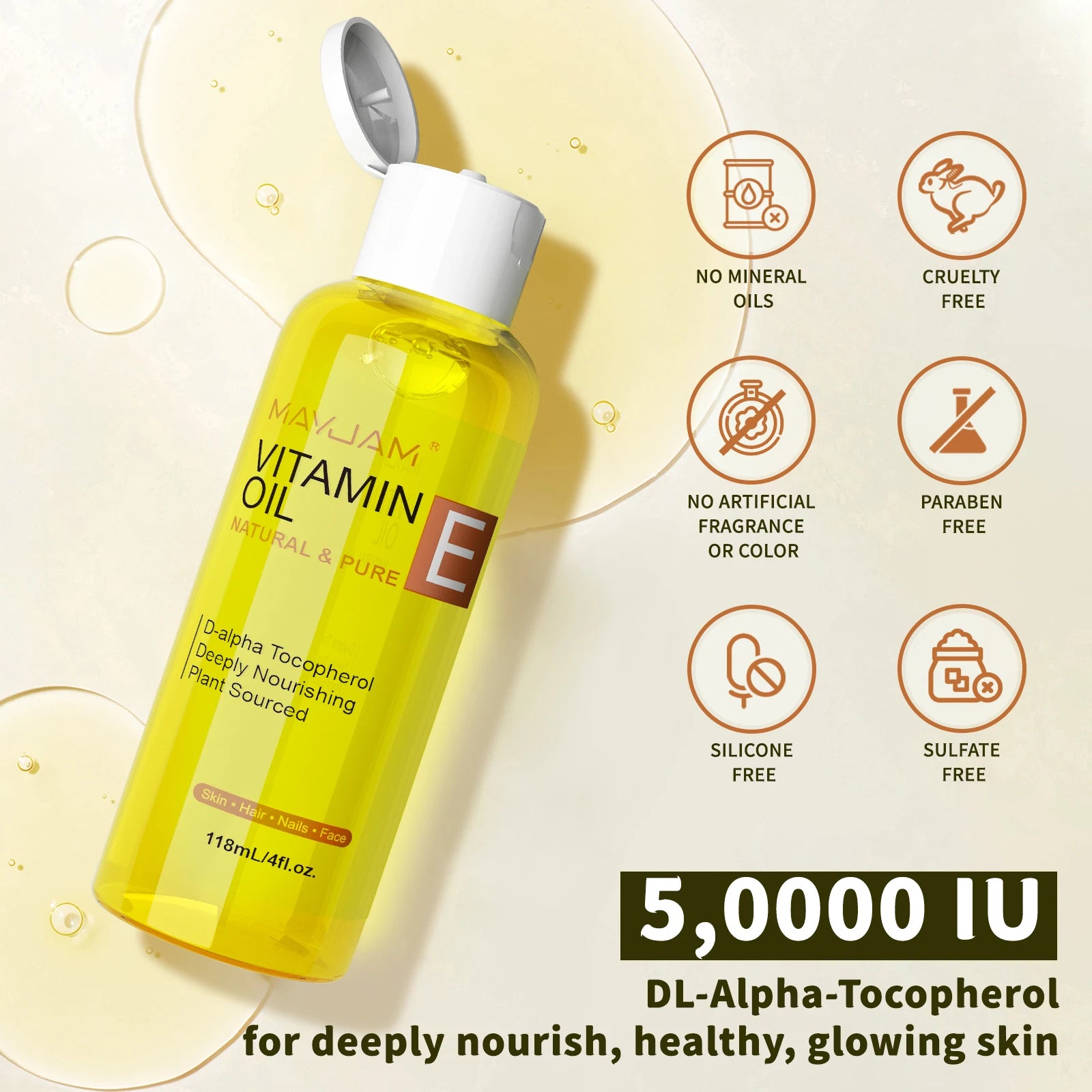 Amber glass dropper bottle of vitamin E face oil for brightening and moisturizing skin