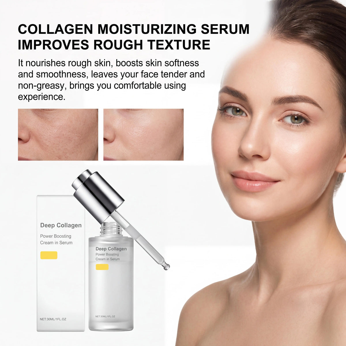 Face firming serum with collagen silk peptide in a cosmetic bottle