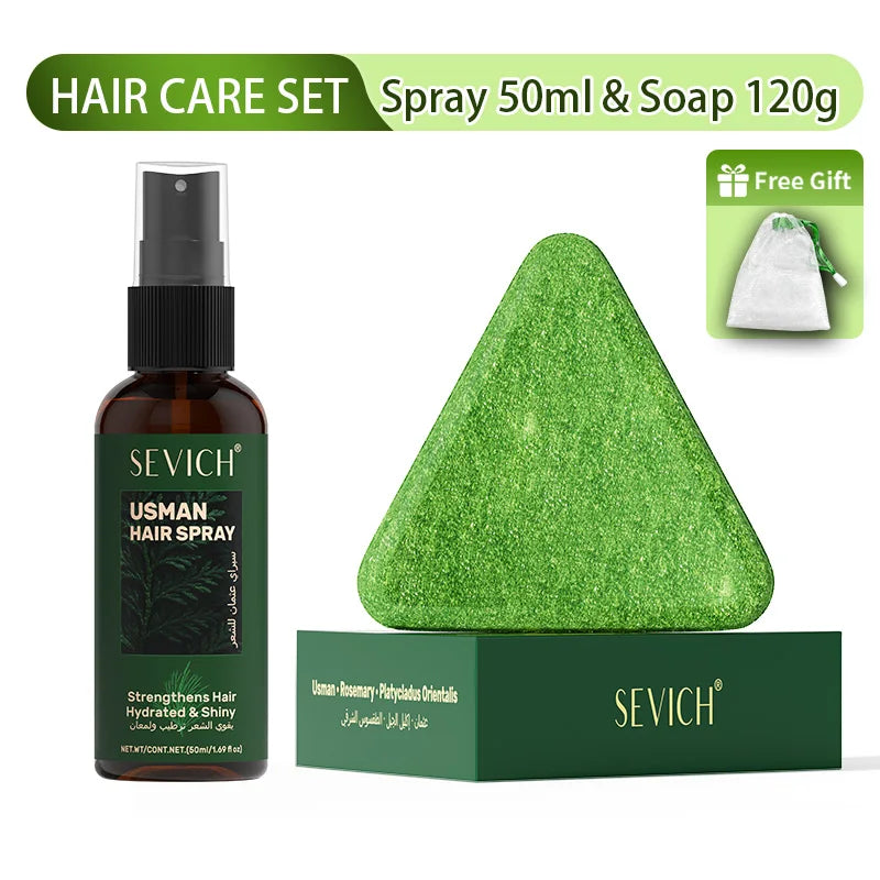 Anti hair loss serum set with hair growth essential oil, shampoo soap, and thickening oil spray for men and women.