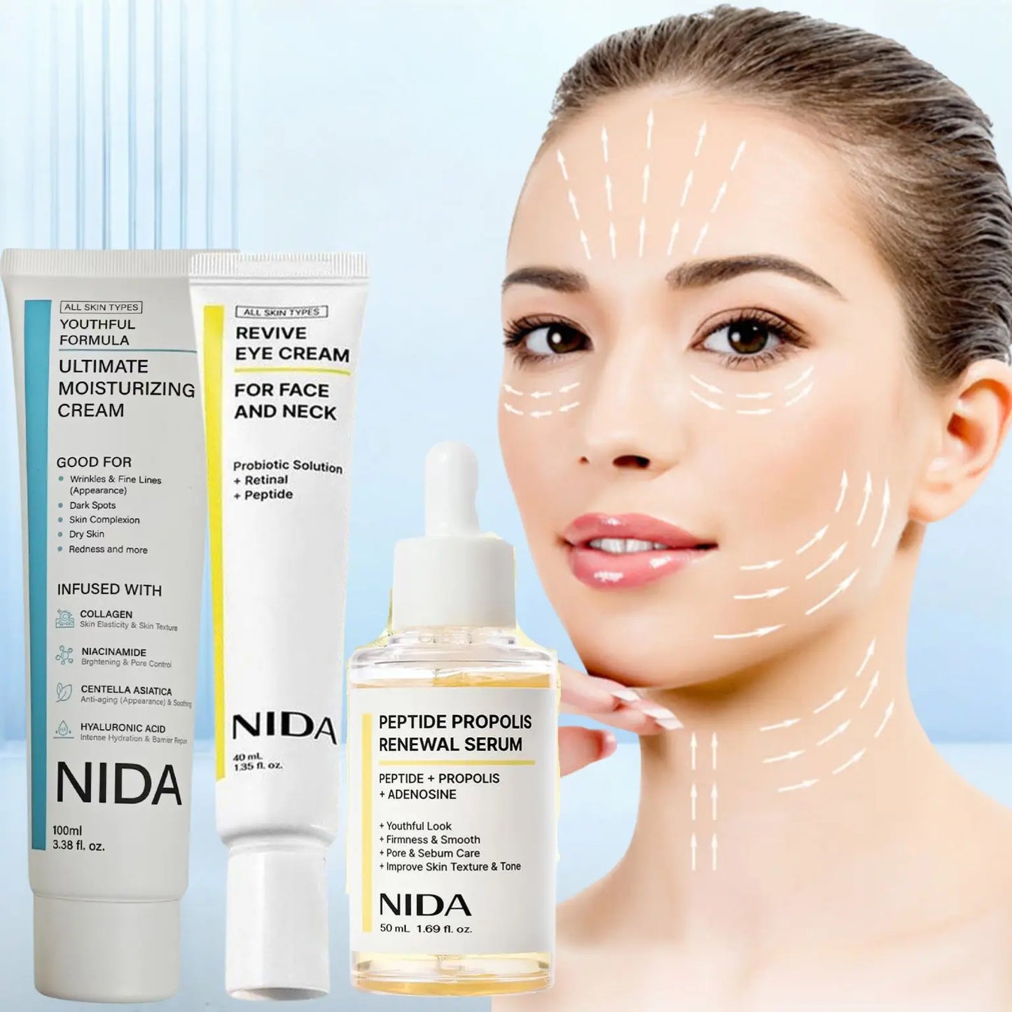 NIDA Retinol & Propolis Eye Cream Set — Retinol & Propolis — Skincare set with cream tubes and serum bottle on white background