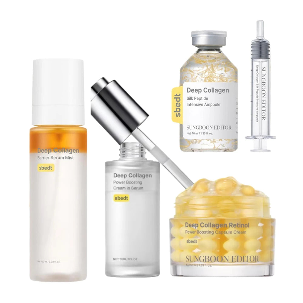 Skincare set featuring collagen silk peptide serum, PDRN ampoule, and retinol treatment cream.