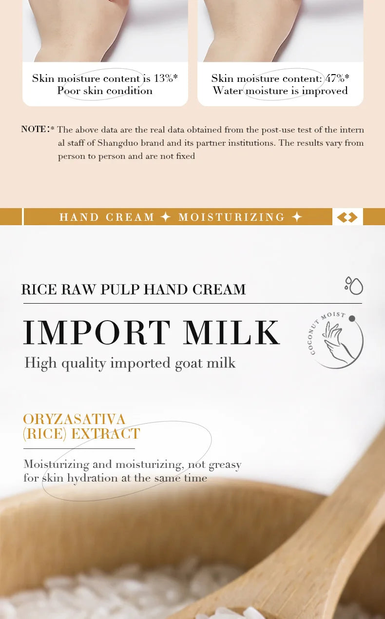 White rice hand cream tube for moisturizing and nourishing dry hands