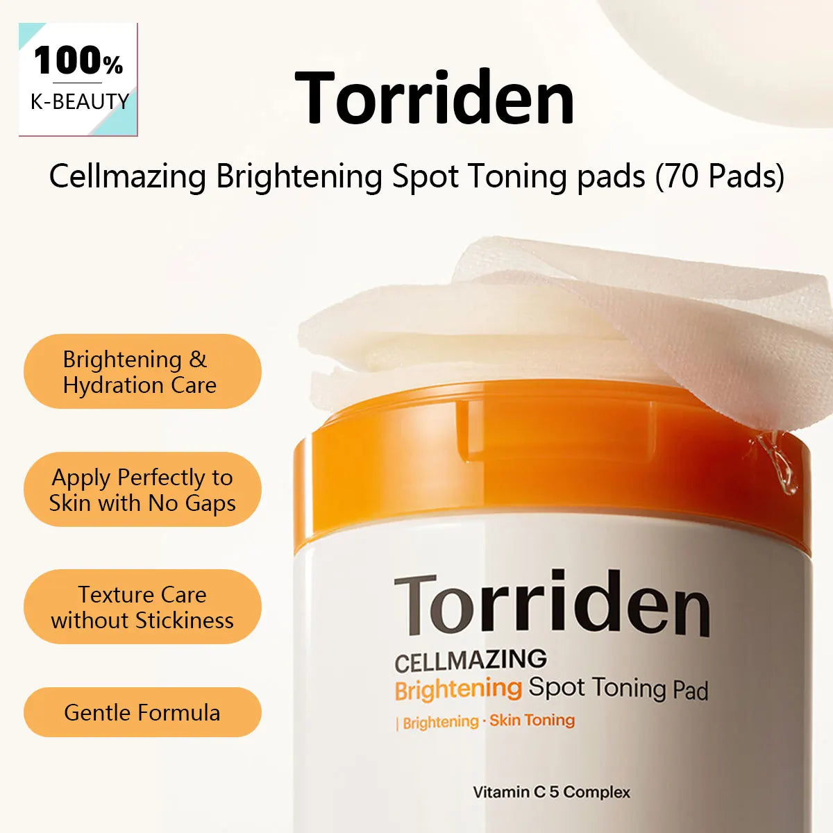 Vitamin C brightening toner pads container with 70 pre-soaked pads for skin balancing and refining