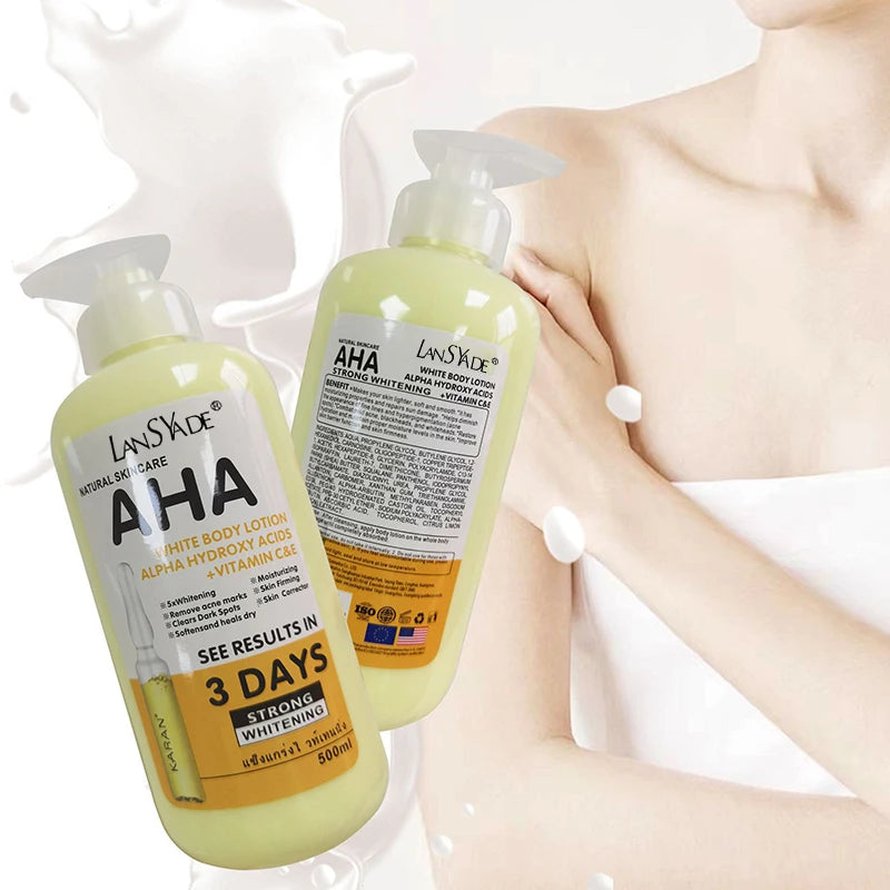 SkinSwaag Beauty LANSYADE AHA Vitamin C & E Whitening Body Lotion — AHA + vitamin C + vitamin E — lotion bottle front view on white background
