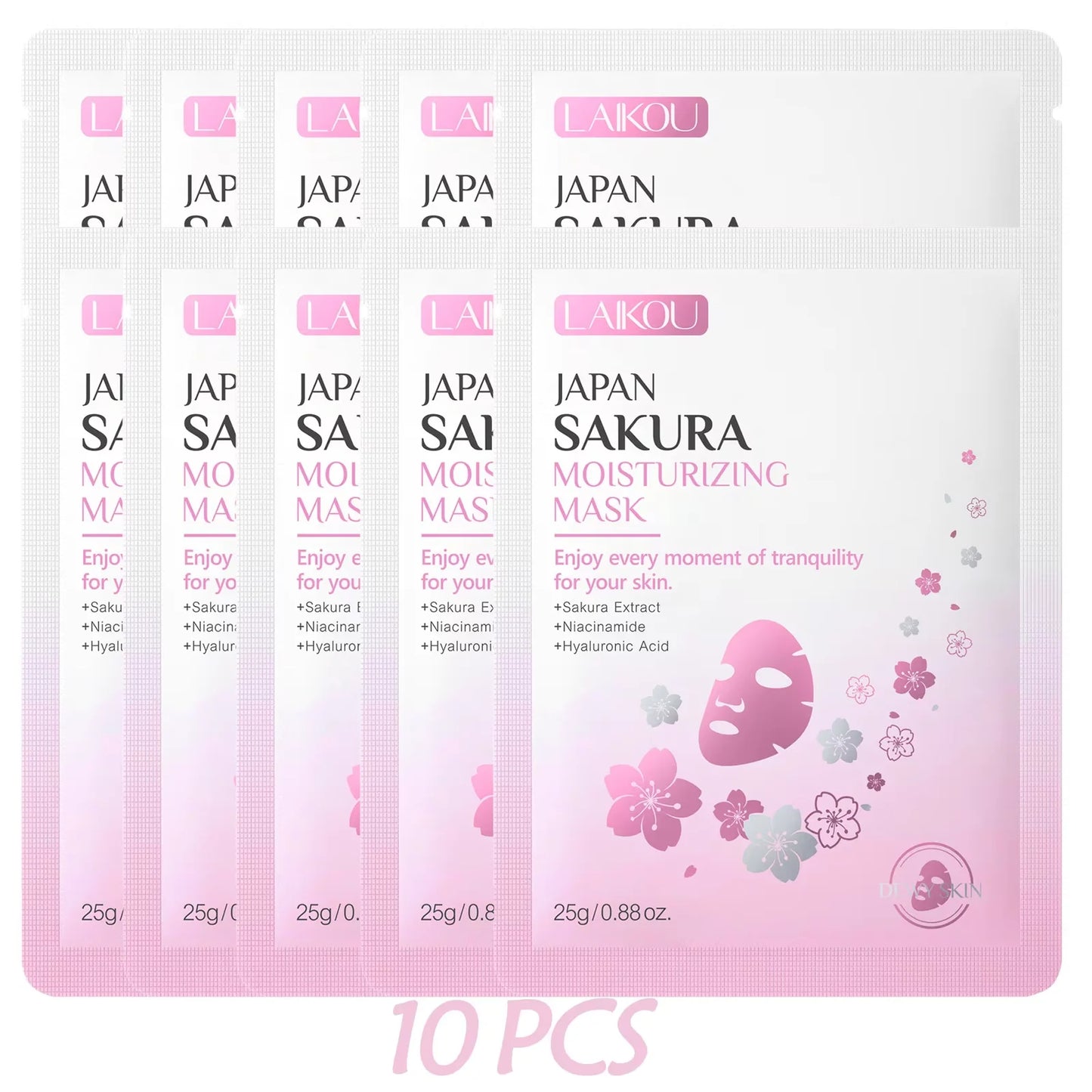 Single-use hydrating brightening sheet mask sachet with sakura cherry blossom and water droplets design.