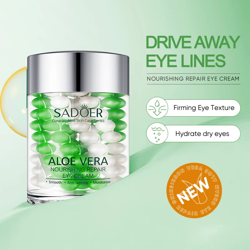 Aloe vera eye cream tube with moisturizing formula for depuffing and smoothing under-eye skin.