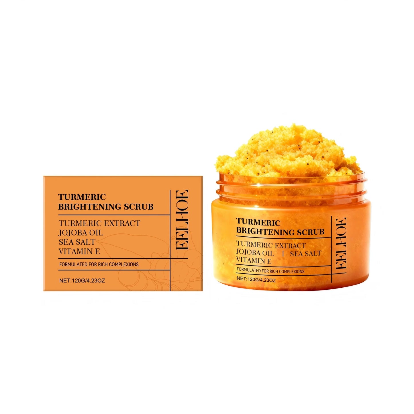EELHOE Turmeric & Sea Salt Body Scrub — Turmeric & Jojoba Oil — Product packaging box back with directions