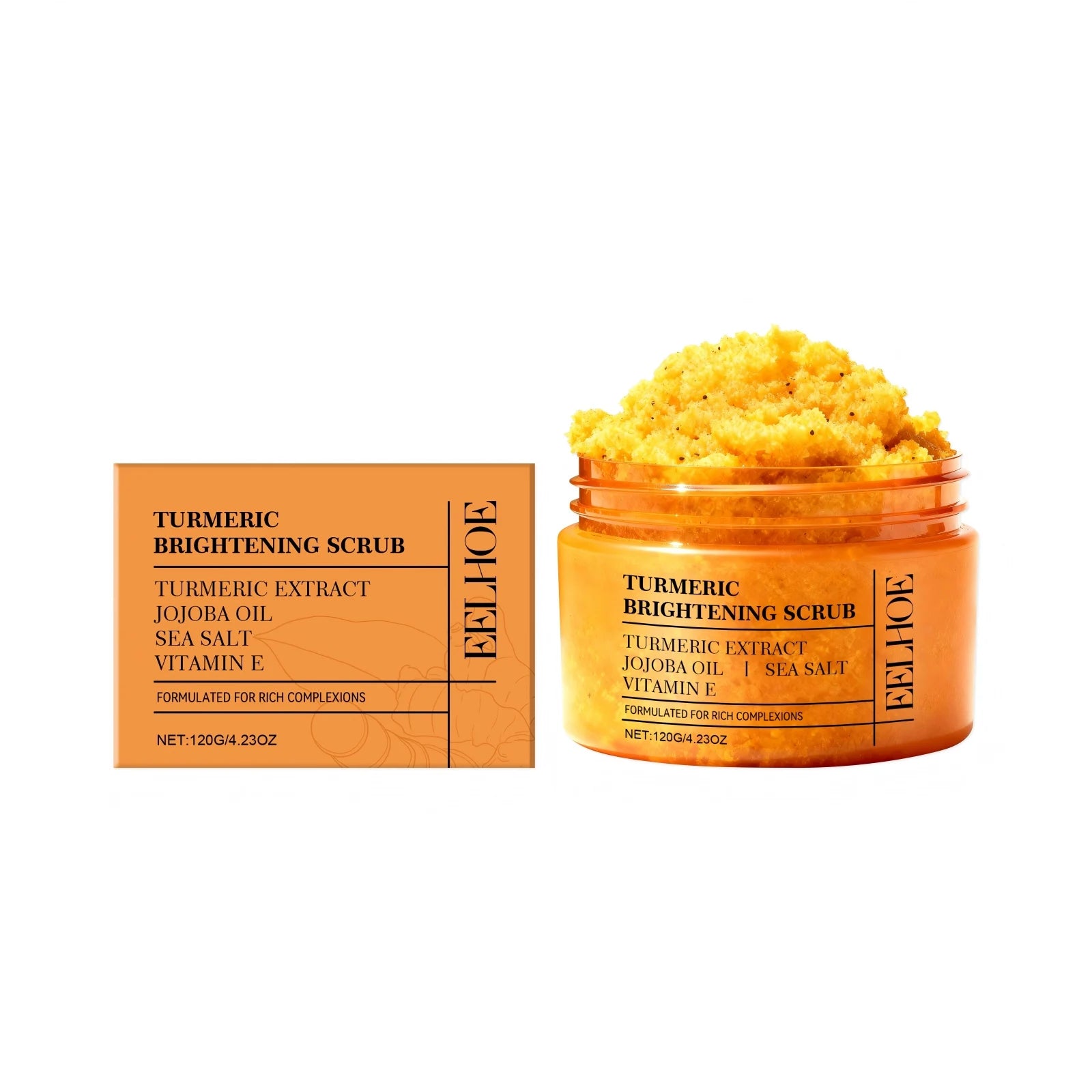 EELHOE Turmeric & Sea Salt Body Scrub — Turmeric & Jojoba Oil — Product packaging box back with directions