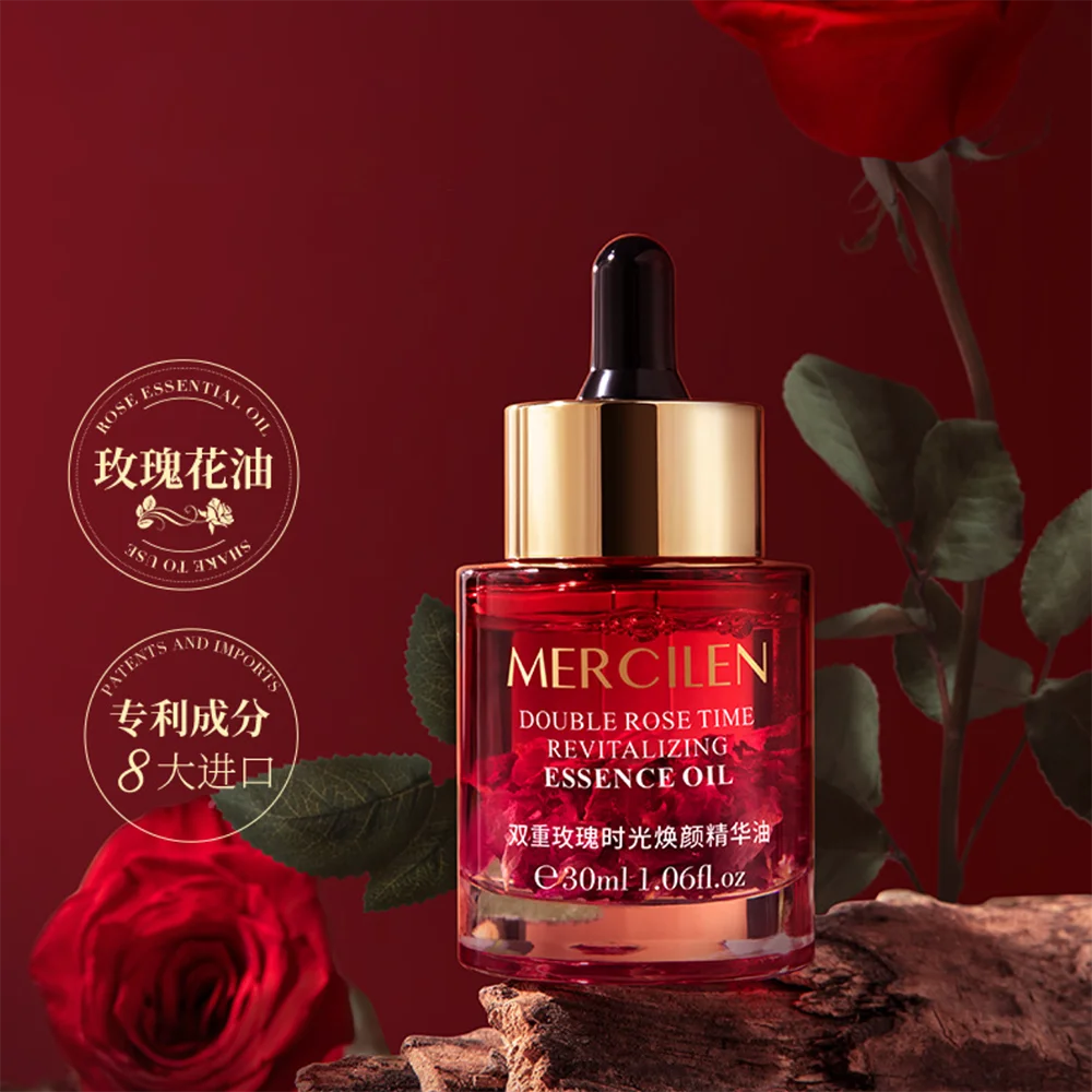MERCILEN Double Rose Time Revitalizing Essence Oil — rose + essential oils — bottle back view on white background