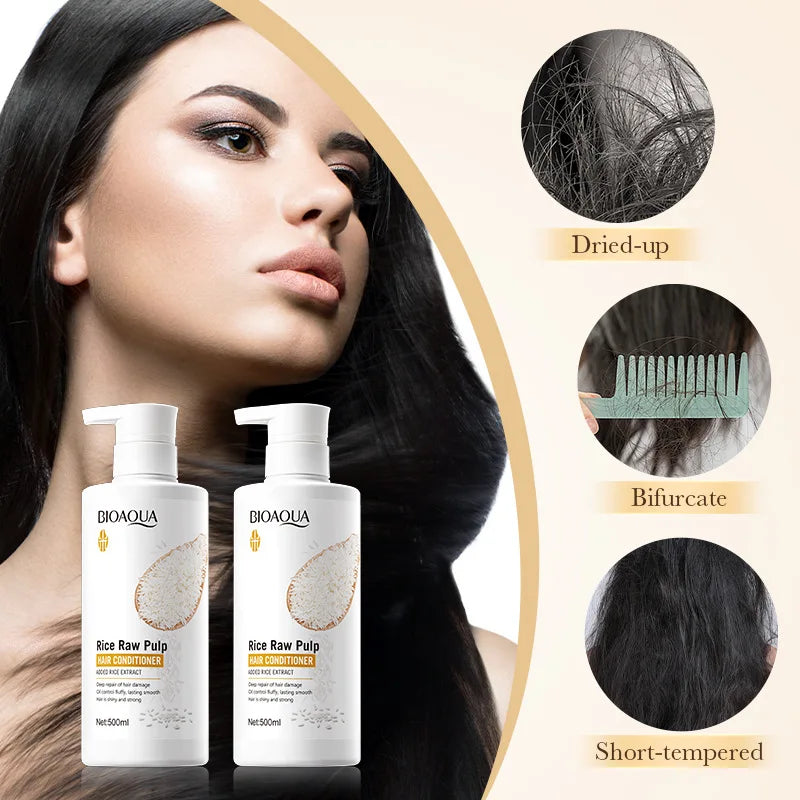 BIOAQUA Rice Shampoo Conditioner Body Wash Set — Rice — Complete set with product benefits infographic