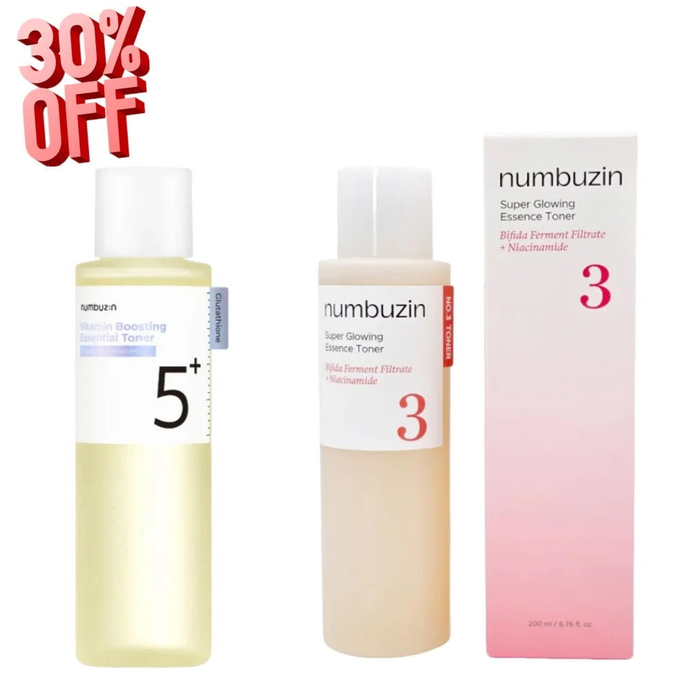 NUMBUZIN No.3+ & No.5+ Brightening Toner Bundle — Bifida Ferment & Niacinamide — Two toner bottle set on white background