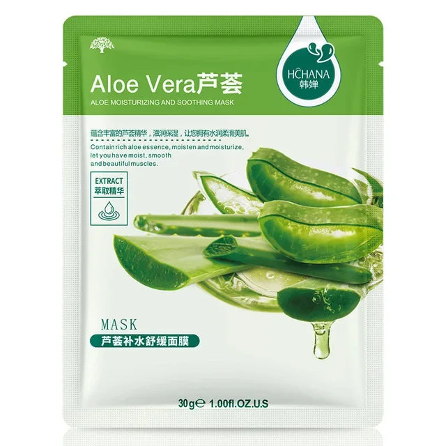 Pack of 30 natural sheet face masks with olive, aloe vera, and fruit extract for oil control, hydration, and soothing.