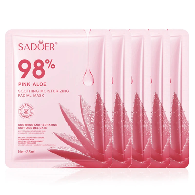 Pink aloe sheet mask for hydrating and nourishing skin