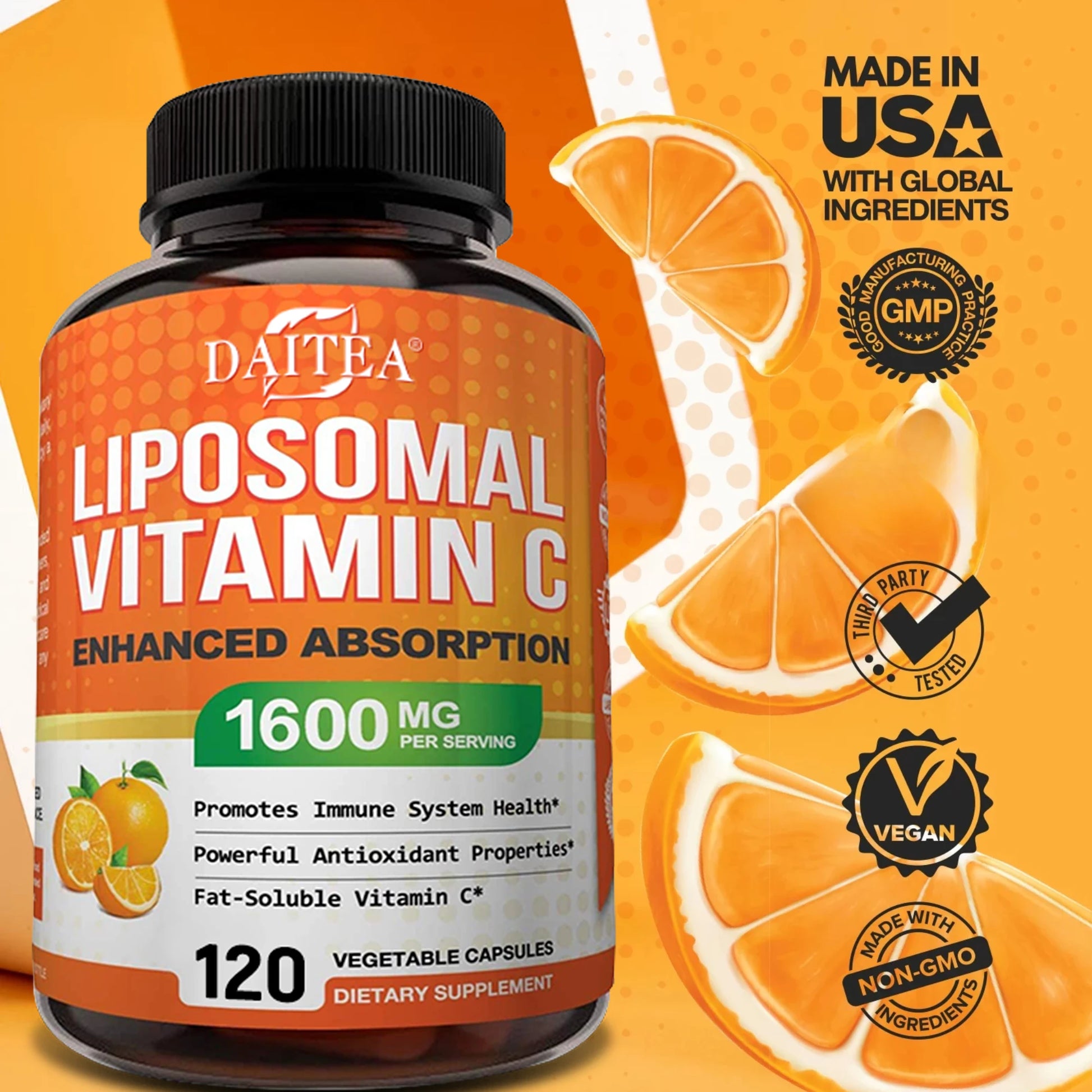 DAITEA Liposomal Vitamin C 1600mg — liposomal vitamin C — white supplement bottle front