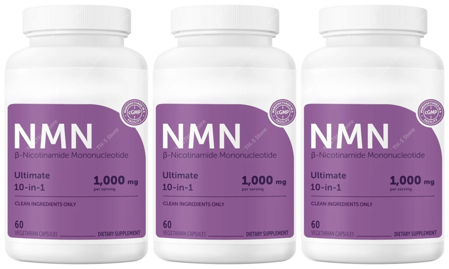 Bottle of NMN capsules with resveratrol, CoQ10, and vitamin C, 120 count