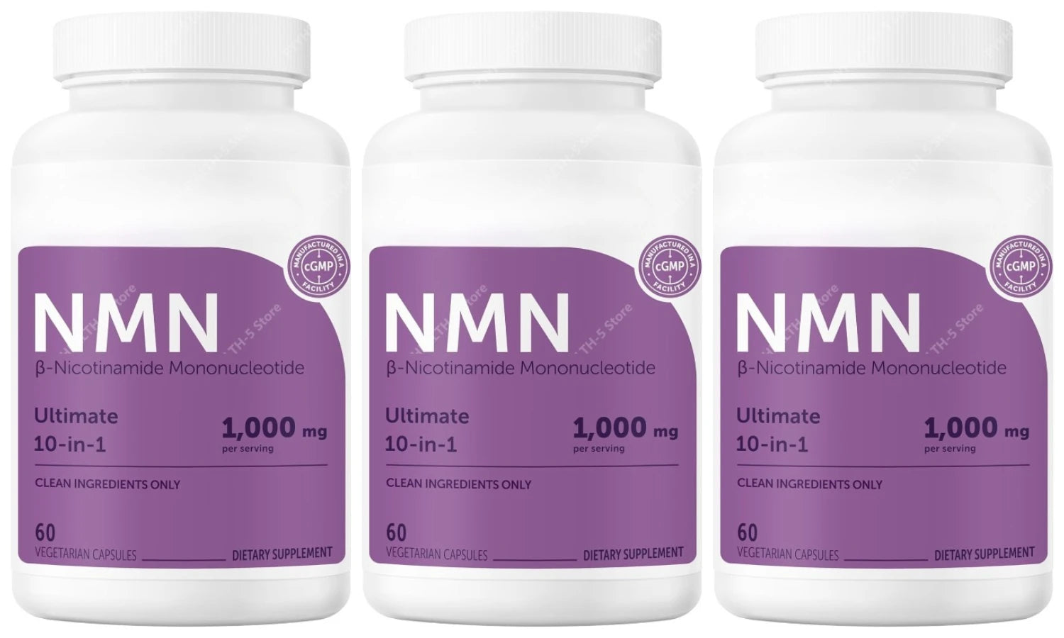 Bottle of NMN capsules with resveratrol, CoQ10, and vitamin C, 120 count