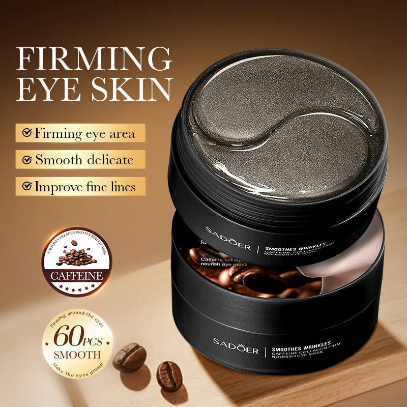 Jar of collagen and caffeine under-eye gel patches for reducing dark circles and puffiness
