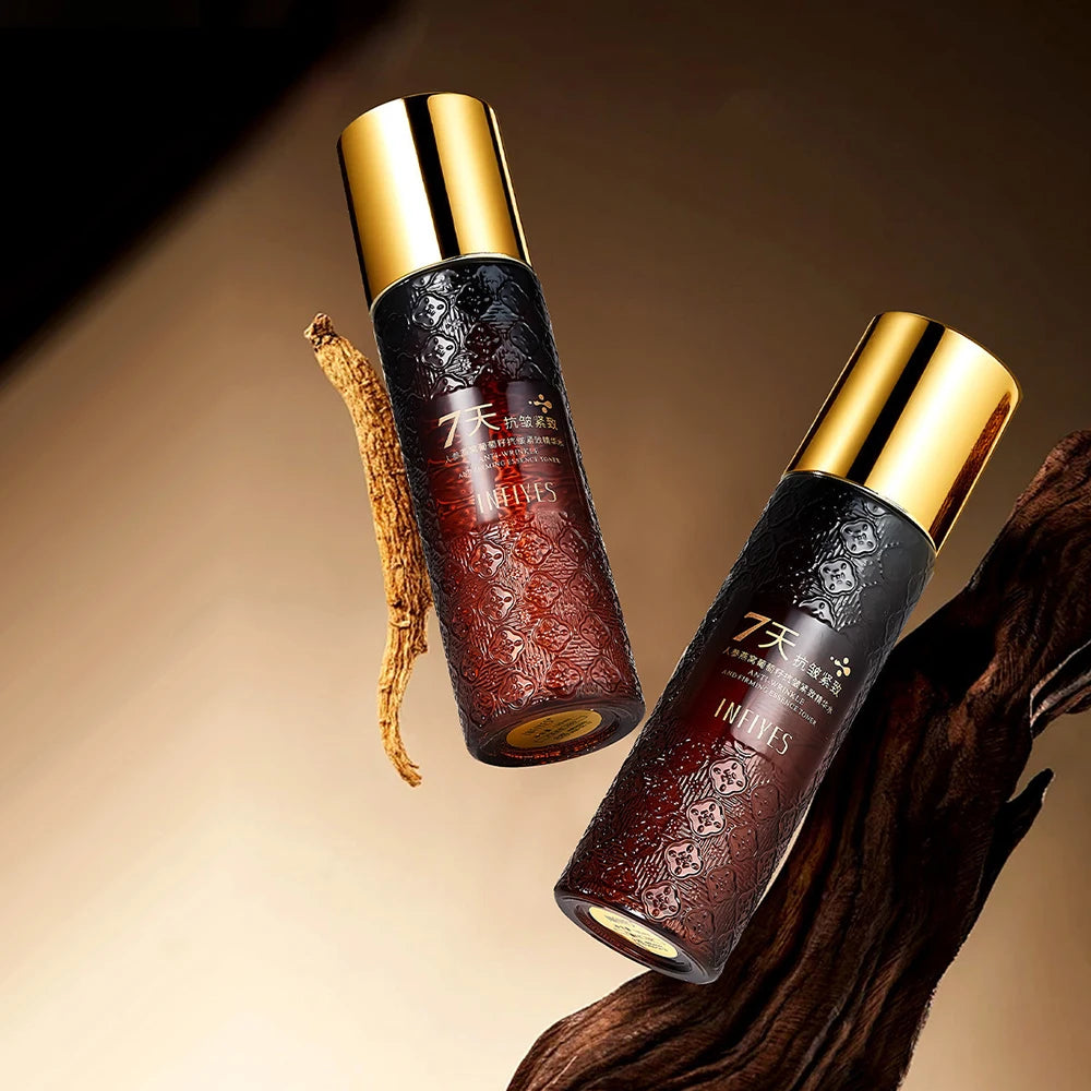 INFIYES Ginseng Bird's Nest Firming Essence Toner — Ginseng & Bird's Nest — Textured brown bottle with ornate gold cap on white background