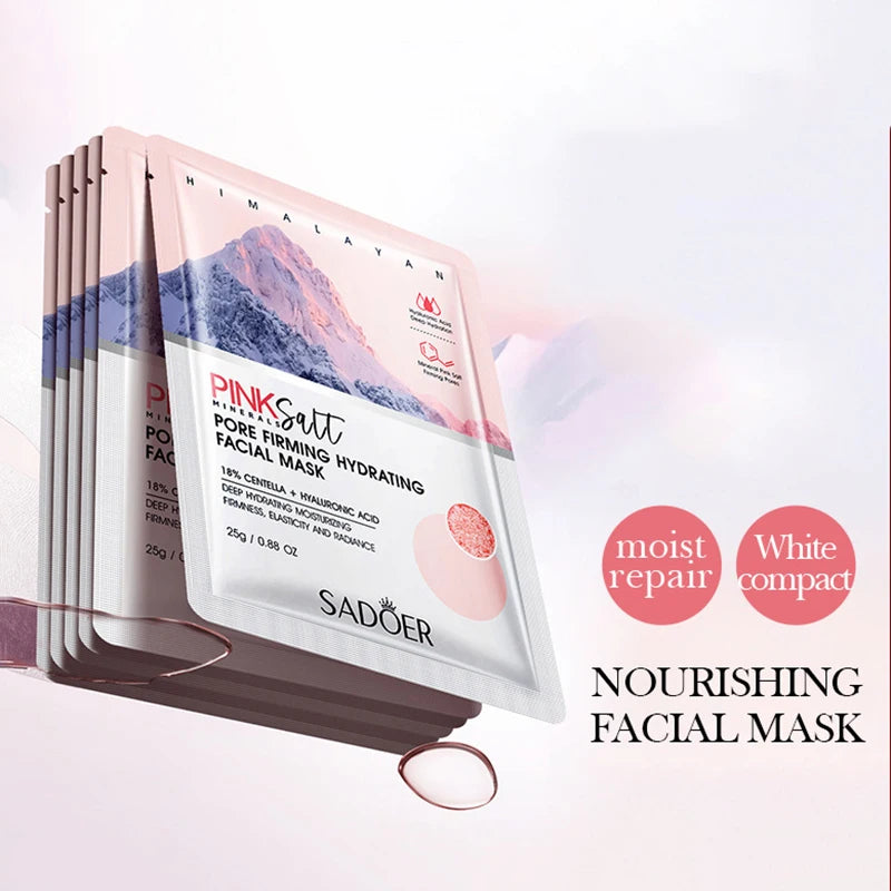 Himalayan Pink Salt facial mask sheets for hydrating, brightening and firming skin care, pack of 5