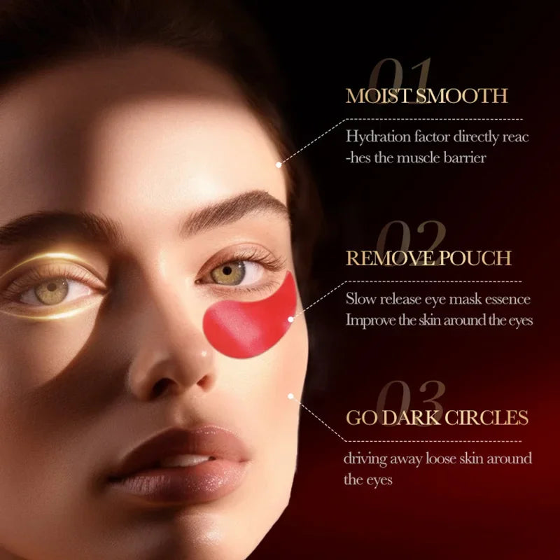 Red pomegranate collagen eye mask patches for firming, reducing dark circles and moisturizing under-eye skin.